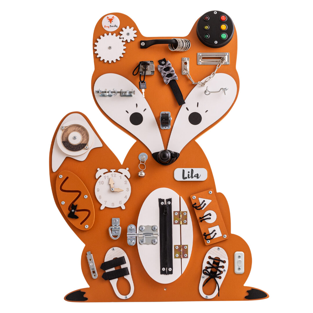 tablica manipulacyjna drewniana personalizowana sensoryczna montessori lisek lisiczka